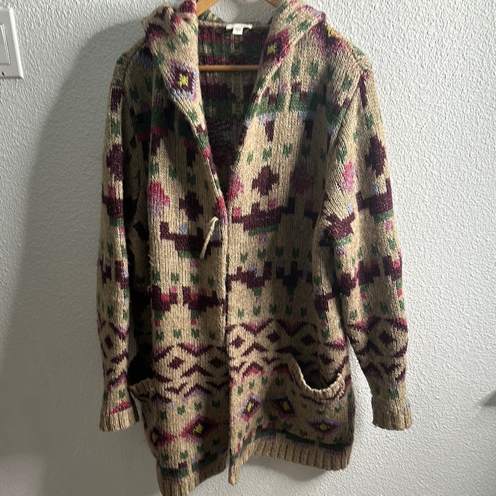 J Jill Lenox topper Aztec Lenox Hooded Sweatercardigan sz L beige burgundy wool - Picture 4 of 11